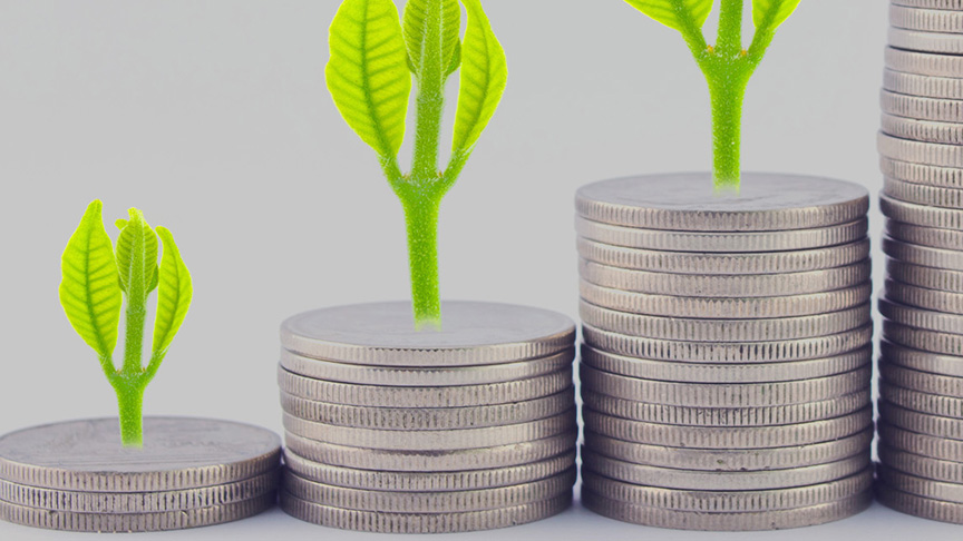 Plants growing out of stacked coins