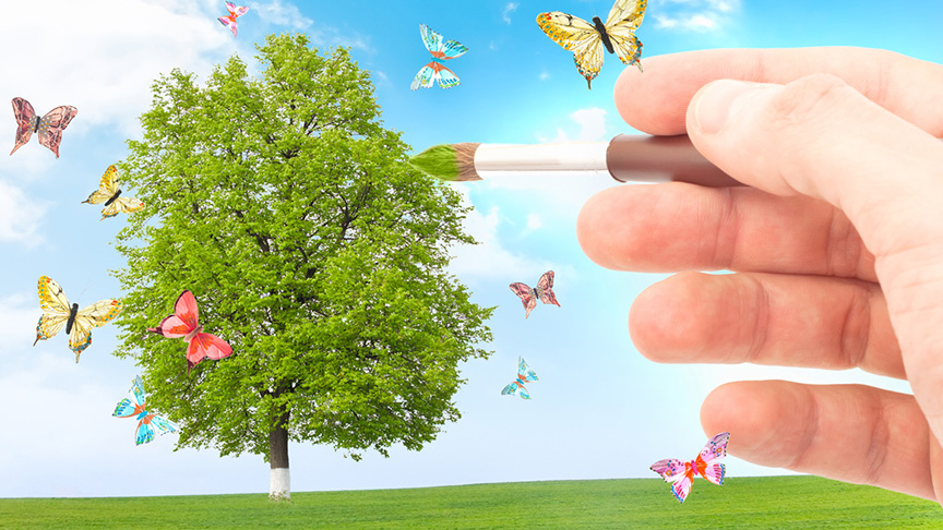 Hand painting tree with butterflies