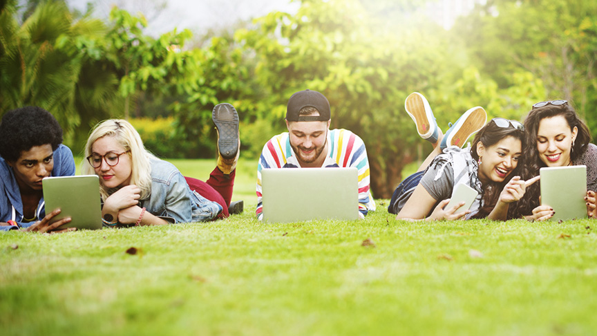 people using laptops in field