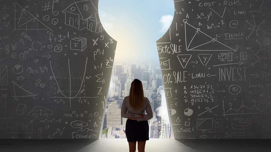 Person looking out onto city through keyhole shape