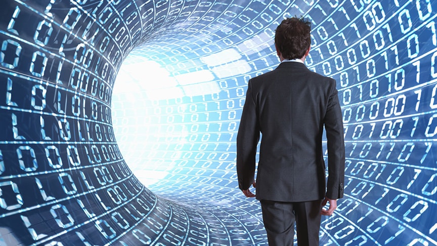 Man walking through code tunnel