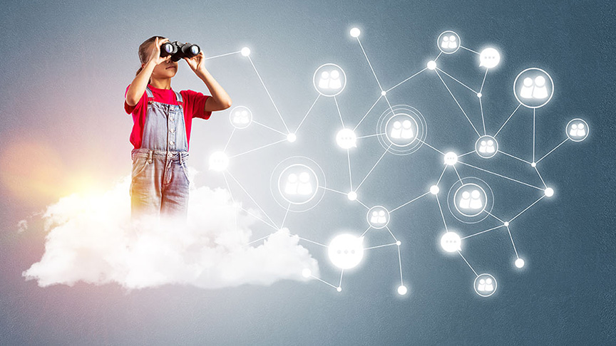 Child using binoculars in cloud