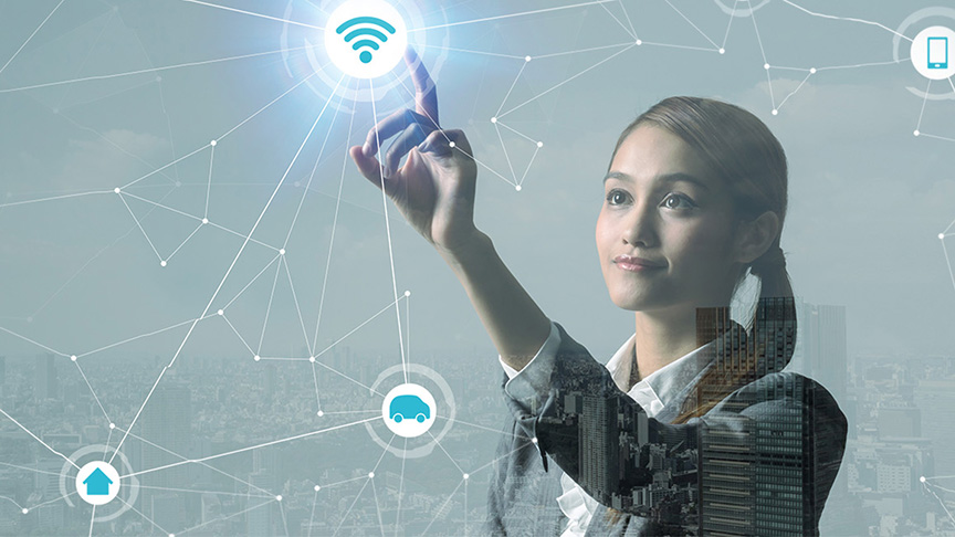 Woman pressing virtual buttons