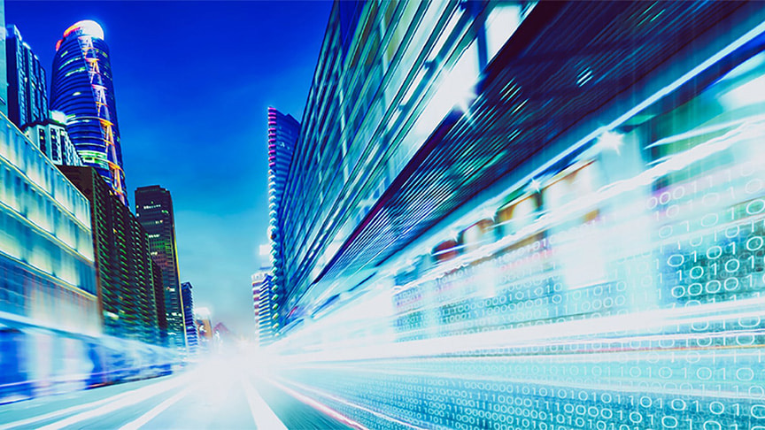 Street scene with computer code streaks