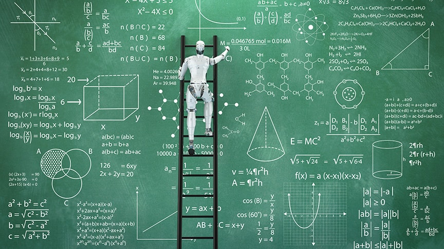 AI robot climbing ladder up to blackboard